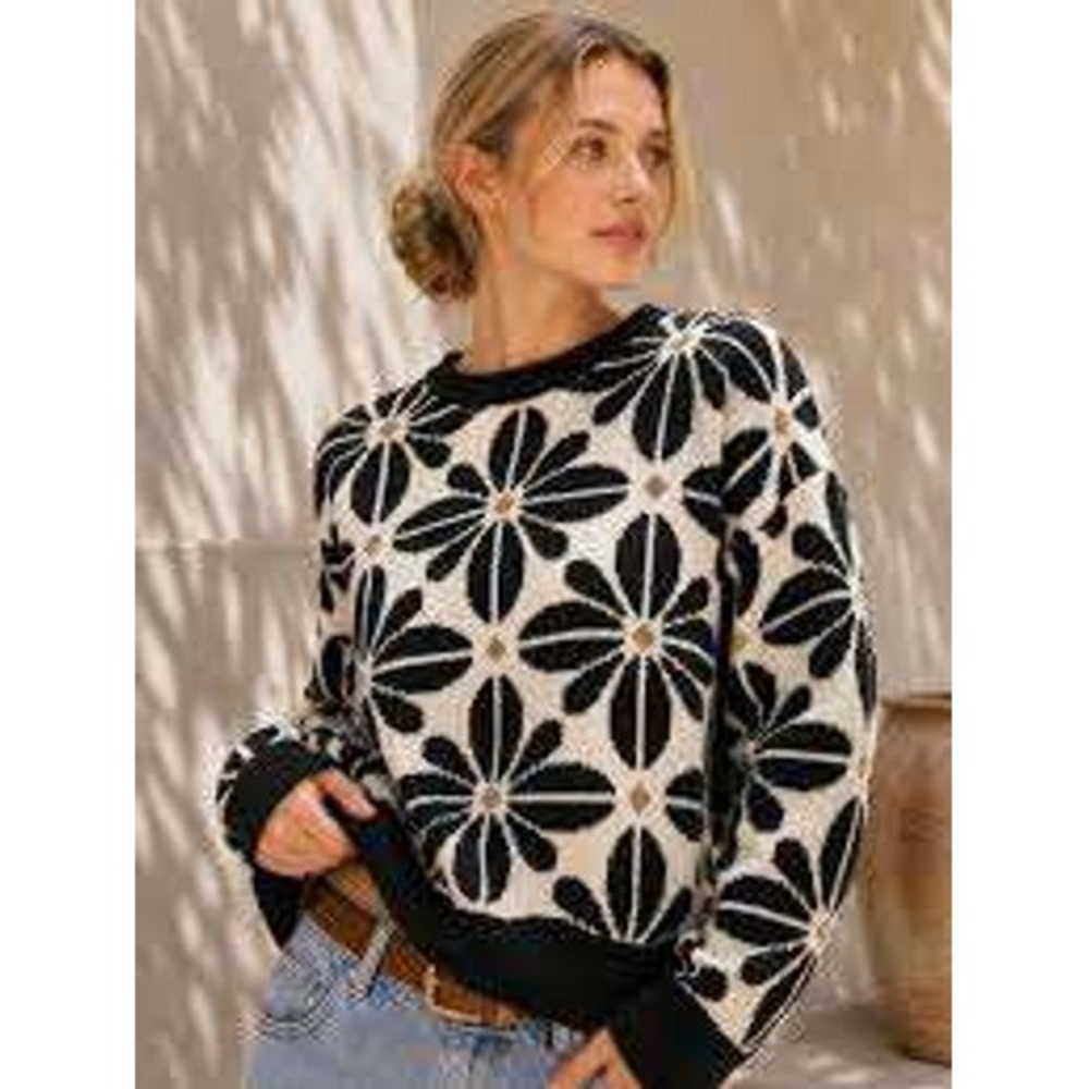 Newbury Kustom Sweater Womens Large Green Floral Daisy Knit Long Sleeve Crewneck